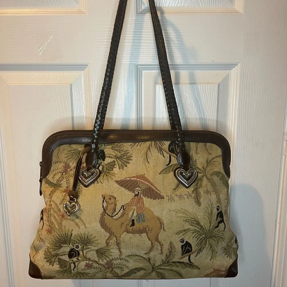 Brighton tapestry Safari prints large shoulder bag braided brown leather straps